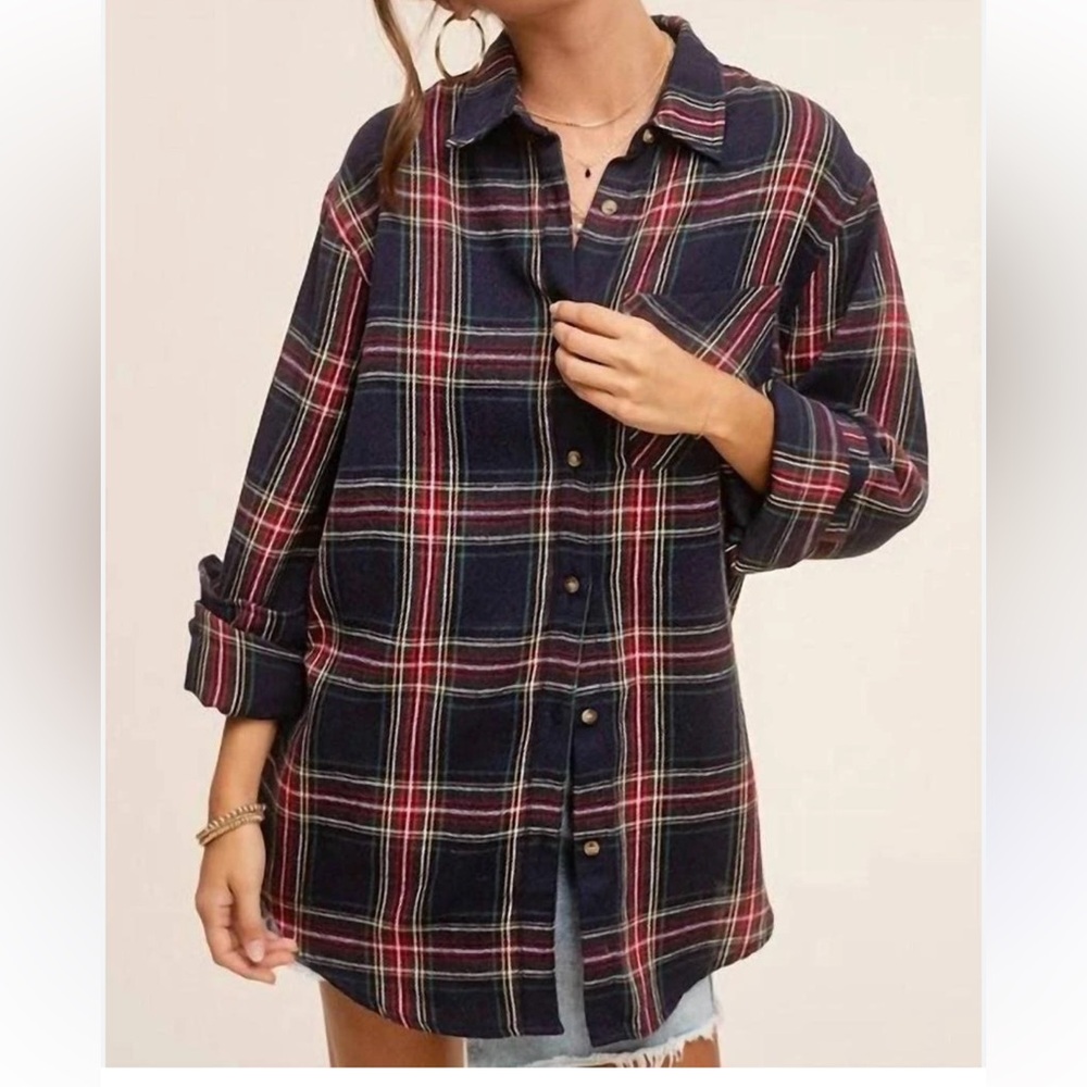LA MIEL Women Blue Plaid Avril LS‎ Button Front Collared Flannel Shirt SZ Medium